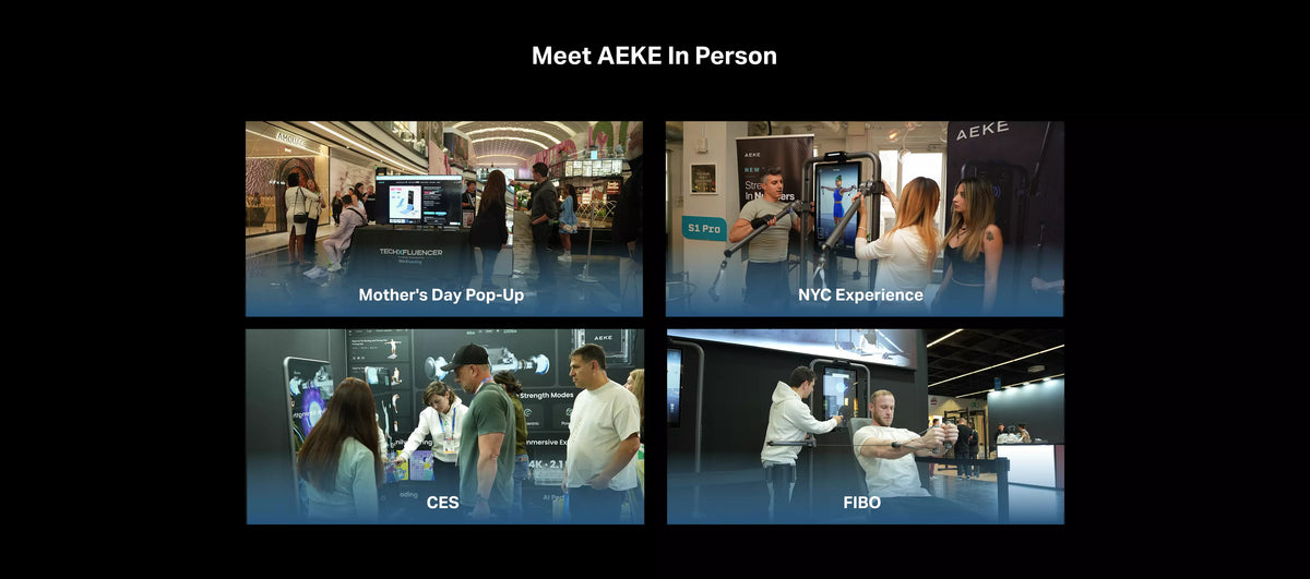 A promotional collage with the headline 'Meet AEKE In Person' above four panels showing people at AEKE events and exhibitions, including 'Mother's Day Pop-Up,' 'NYC Experience,' 'CES,' and 'FIBO.'.