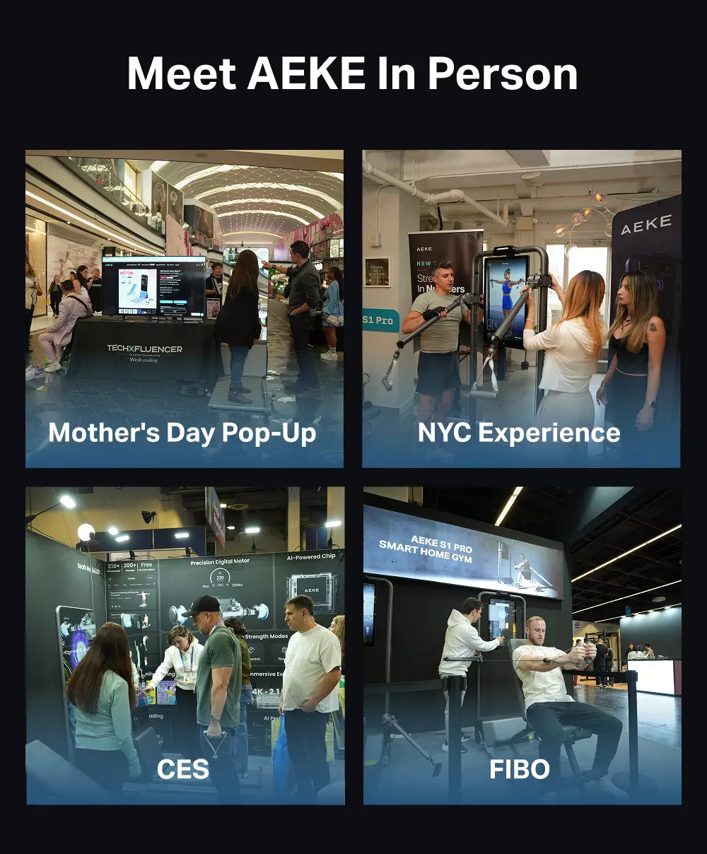 A promotional collage with the headline 'Meet AEKE In Person' above four event photos. The photos show people at AEKE booths and displays at Mother's Day Pop-Up, NYC Experience, CES, and FIBO, with AEKE branding visible on banners and screens.