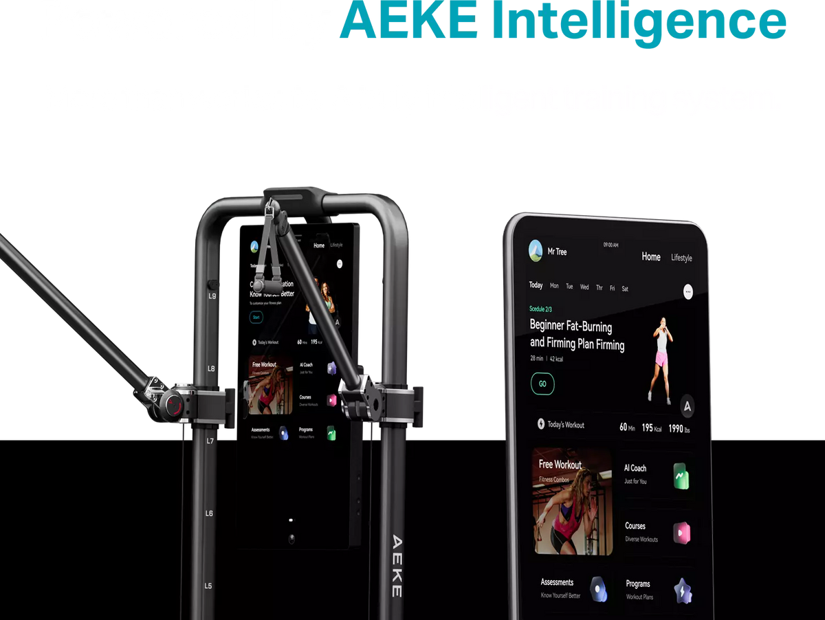 AEKE Intelligence fitness machine with a smartphone app screen displayed on its interface, set against a split black and white background with the text 'AEKE Intelligence' at the top.
