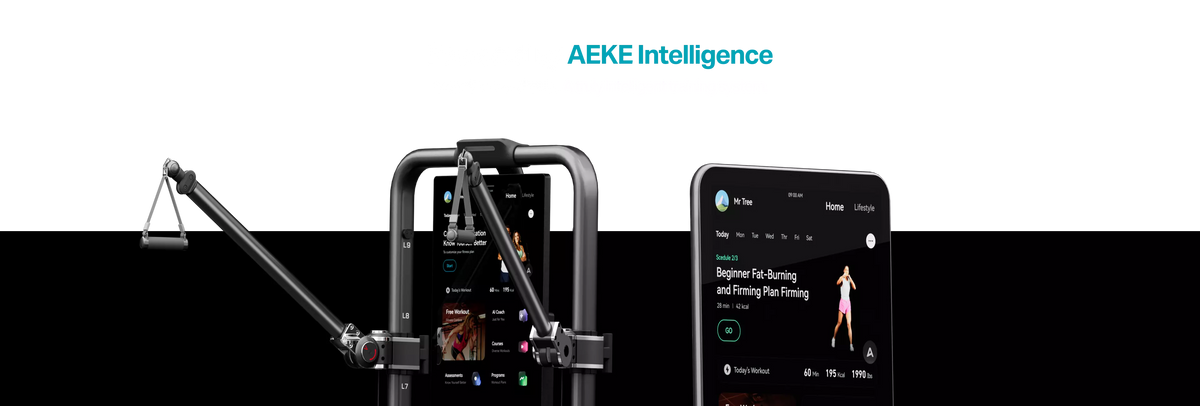 A fitness machine with a smartphone app screen and a smaller phone displaying workout content, under the text 'AEKE Intelligence' on a white and black background.
