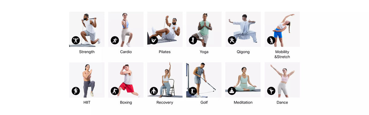A fitness-themed collage showing multiple people performing different exercises on a white background, with labels such as Strength, Cardio, Pilates, Yoga, Gigsing, Mobility Adapters, HIIT, Boxing, Recovery, Golf, Meditation, and Dance.