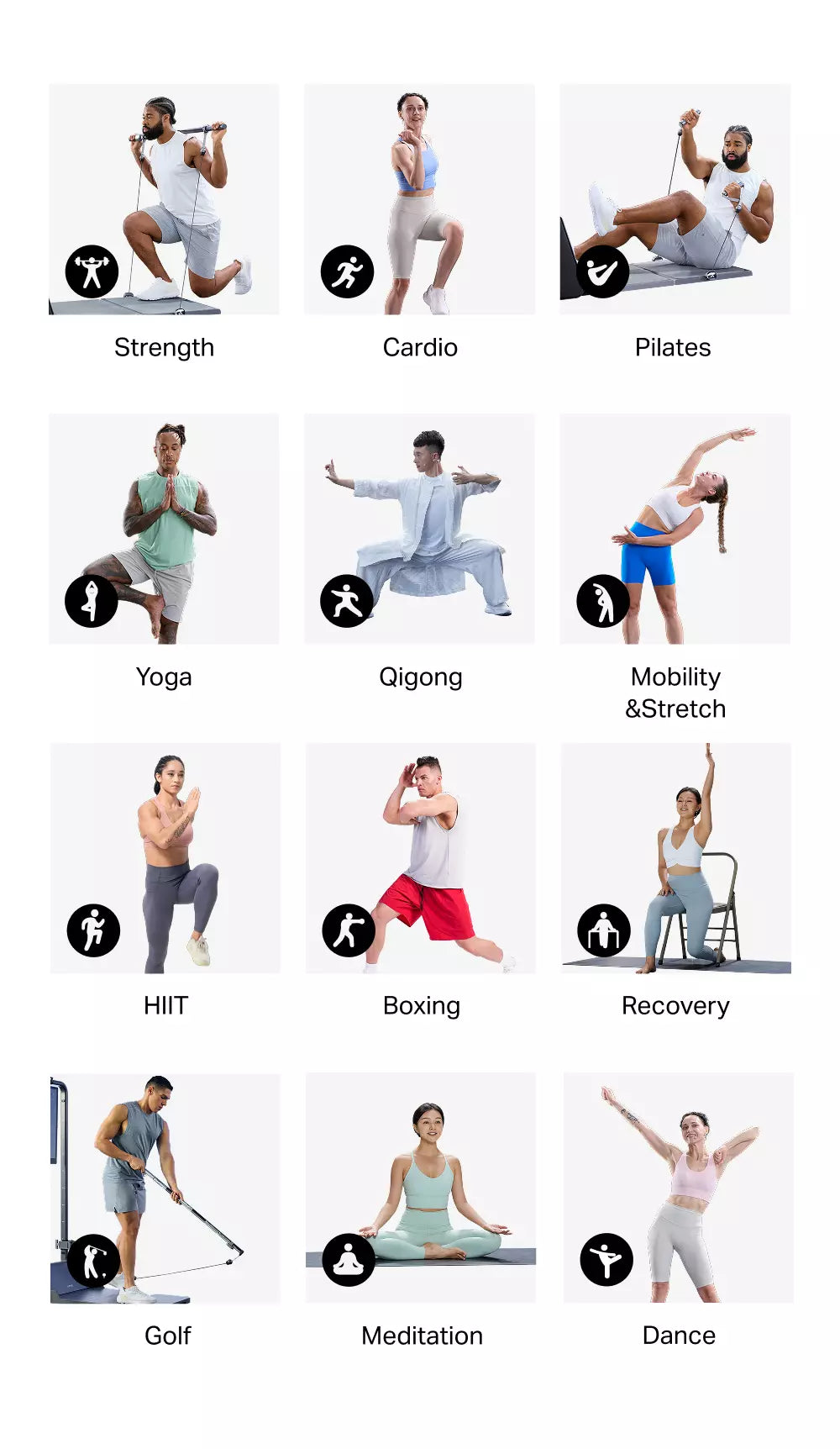 A 12-panel fitness activities chart on a white background, showing people performing exercises labeled Strength, Cardio, Pilates, Yoga, Qigong, Mobility & Stretch, HIIT, Boxing, Recovery, Golf, Meditation, and Dance. Each panel includes a small black activity icon.