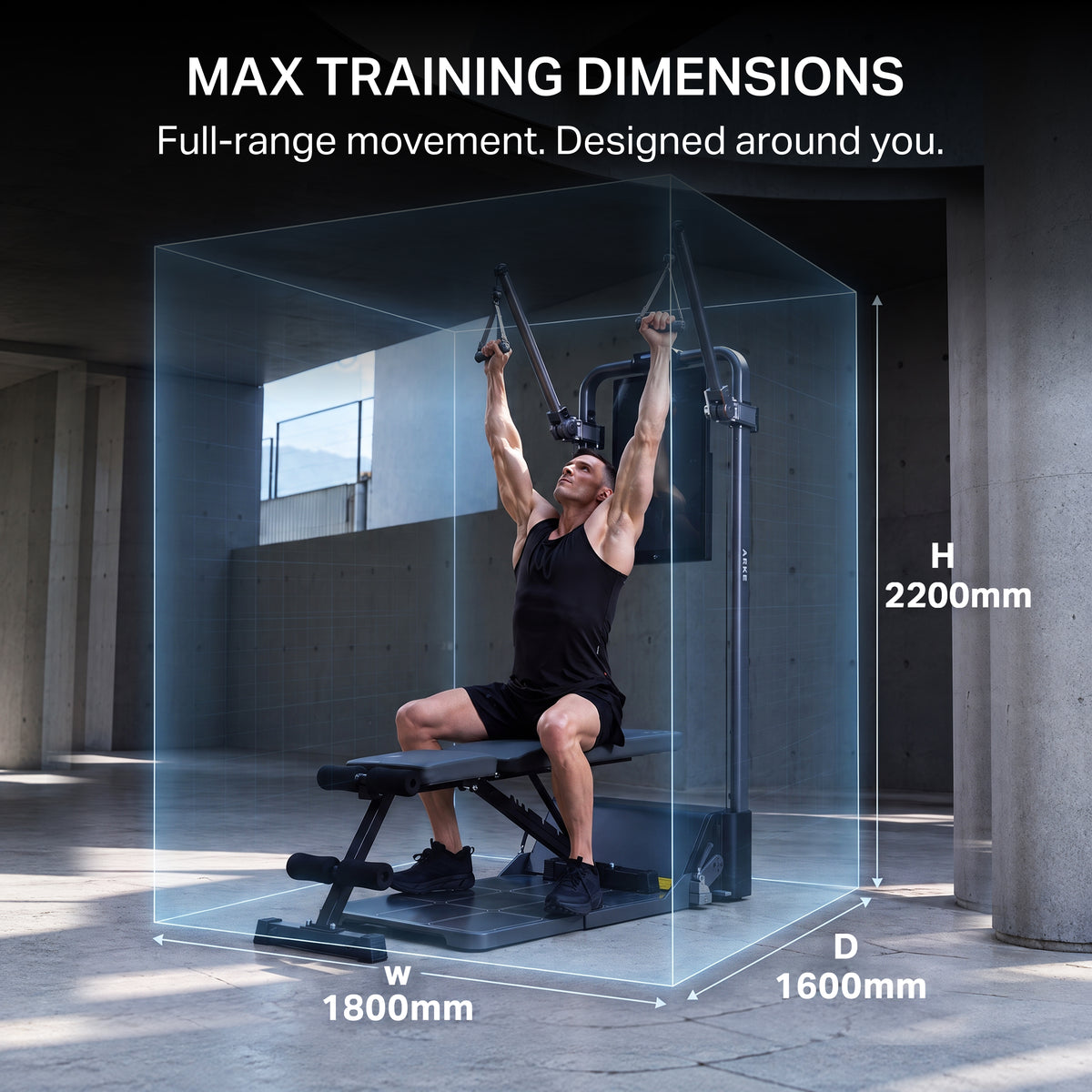 A man using a black adjustable weight bench with a pull-up bar setup in a concrete gym interior. Large text at the top reads 'MAX TRAINING DIMENSIONS' with dimension callouts showing width 1600mm, height 2200mm, and depth 1800mm.