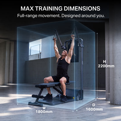 A man using a black adjustable weight bench with a pull-up bar setup in a concrete gym interior. Large text at the top reads 'MAX TRAINING DIMENSIONS' with dimension callouts showing width 1600mm, height 2200mm, and depth 1800mm.