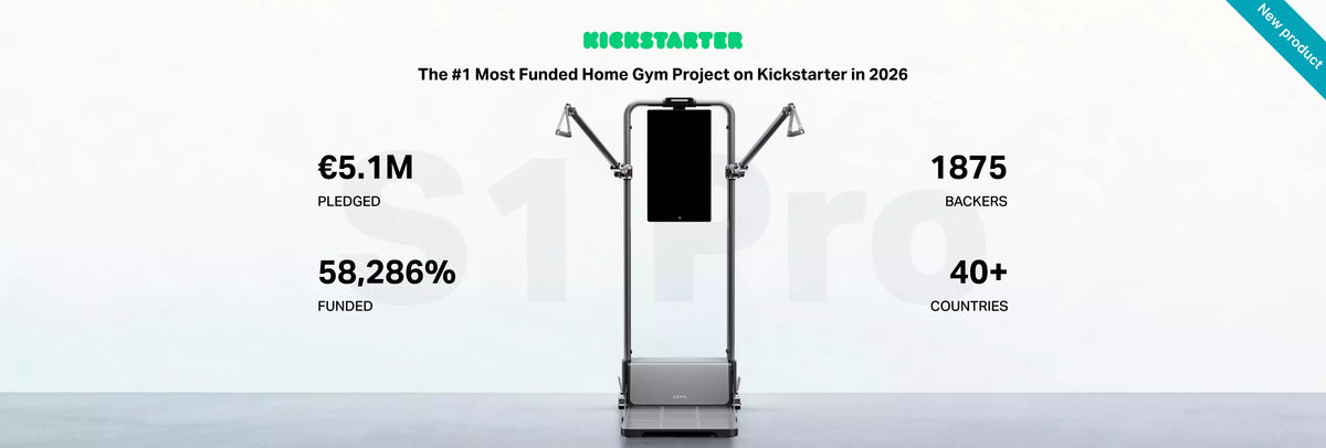 Promotional infographic for a home gym machine, featuring a silver and black elliptical-style treadmill machine centered on a light gray background. Text highlights €5.
